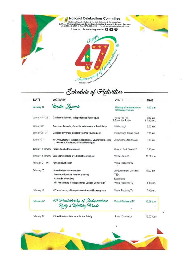 Grenada 47th Anniversary Independence Schedule Caribbean News, Sports